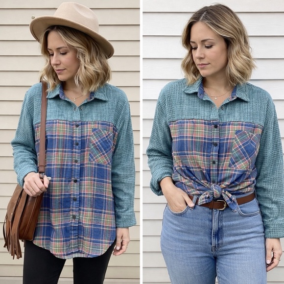 Tops - Plaid Button-Up Shirt with Pocket 06-0233